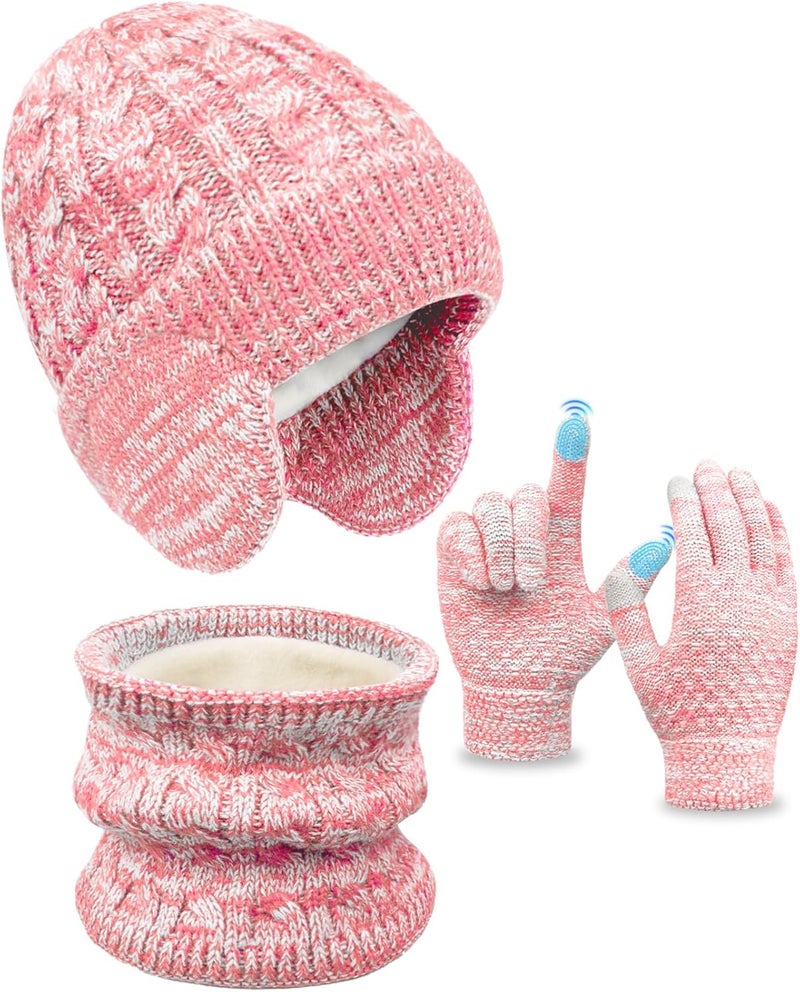 EAONE Kids Winter Hat Gloves Scarf Set,Toddler Girls Boys Beanie Hat with Earflaps,Knit Mittens & Neck Gaiter Warmer for Kids 4-12 - Image 1